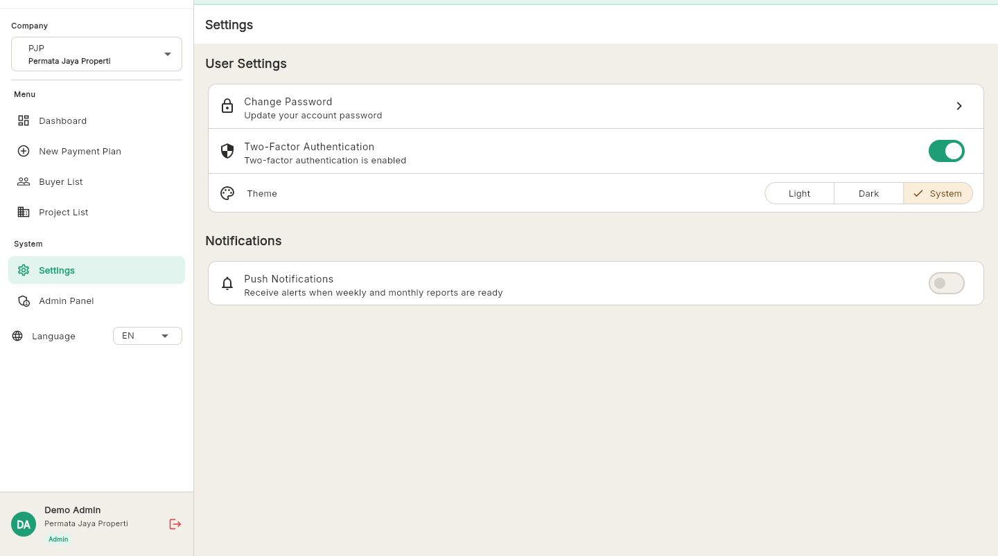 Settings page with platform configuration